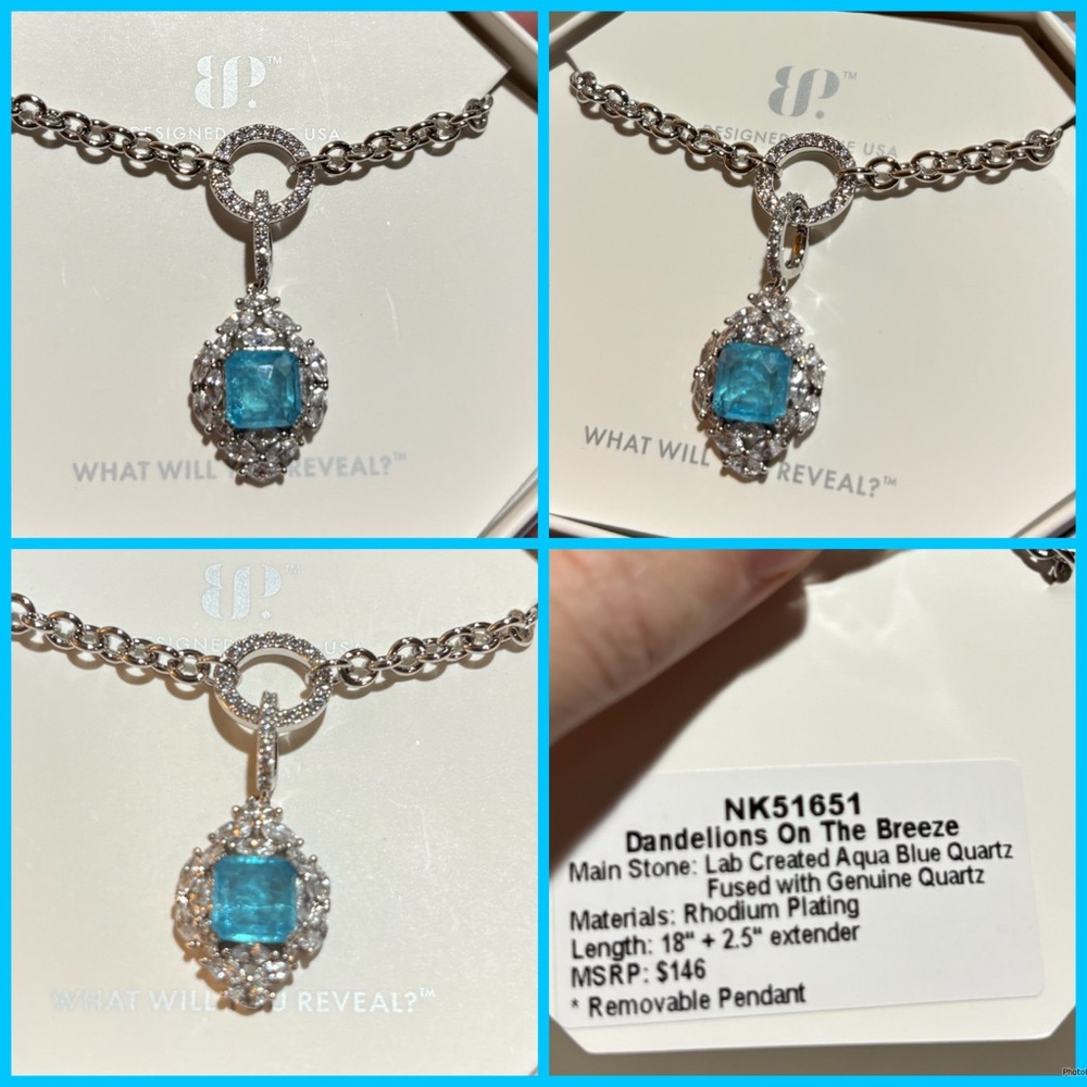 NIB Aqua Blue Topaz with Genuine Quartz in Rhodium Bomb Party Necklace MSRP $146